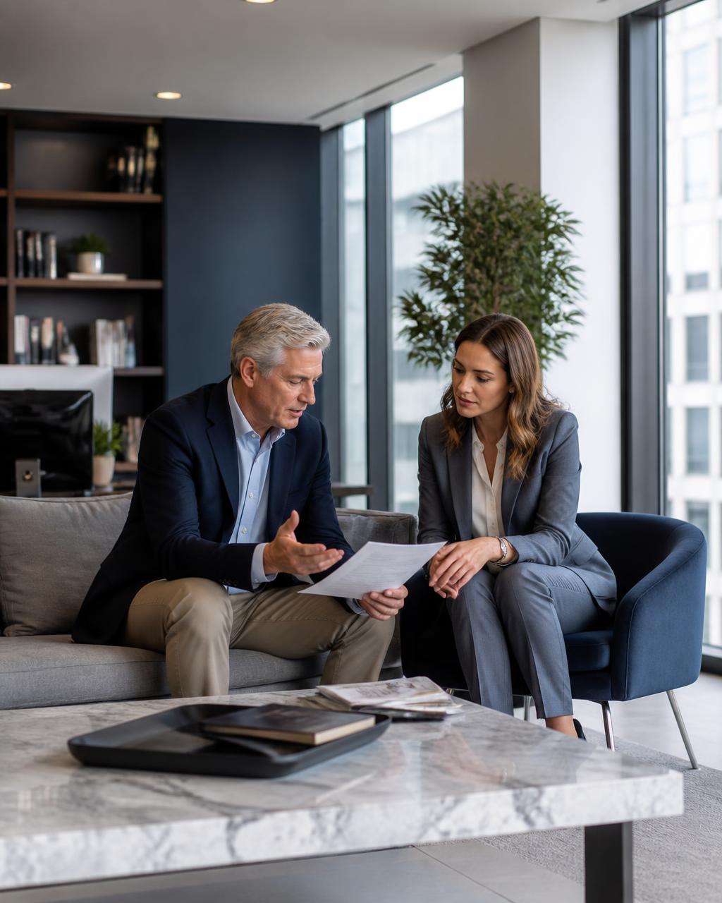 Advisors reviewing client documents in the MDSJR Enterprises office lounge
