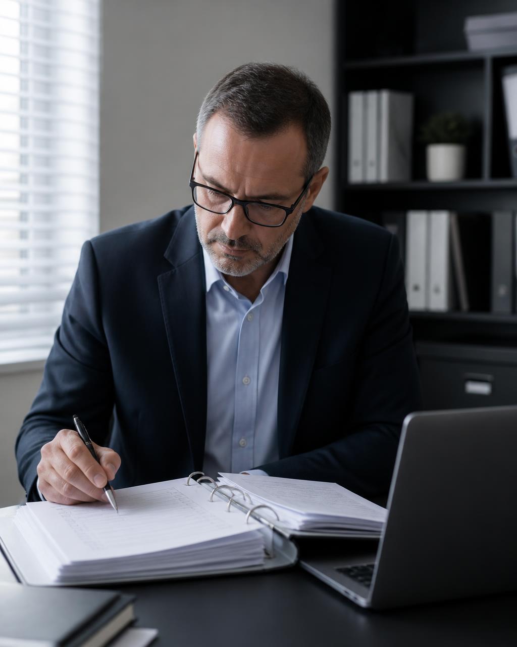 Auditor reviewing a compliance checklist binder in a quiet office