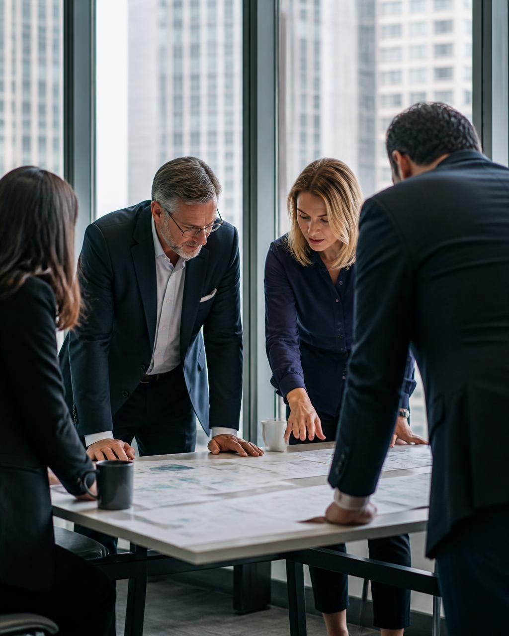 Executives reviewing printed strategy maps at a planning offsite
