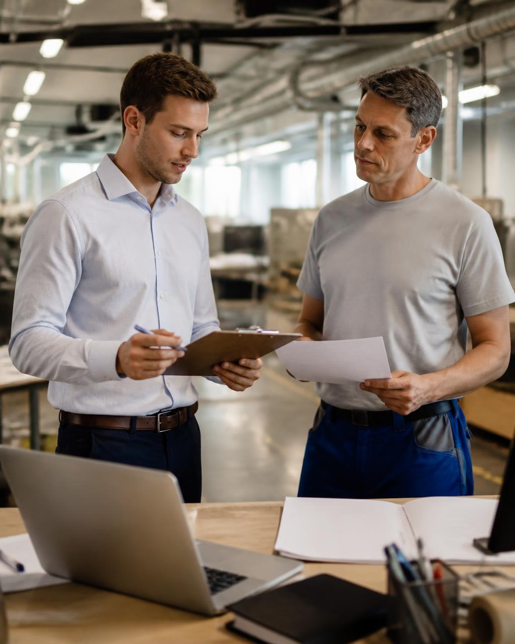 Operations consultant reviewing processes with a client on the work floor