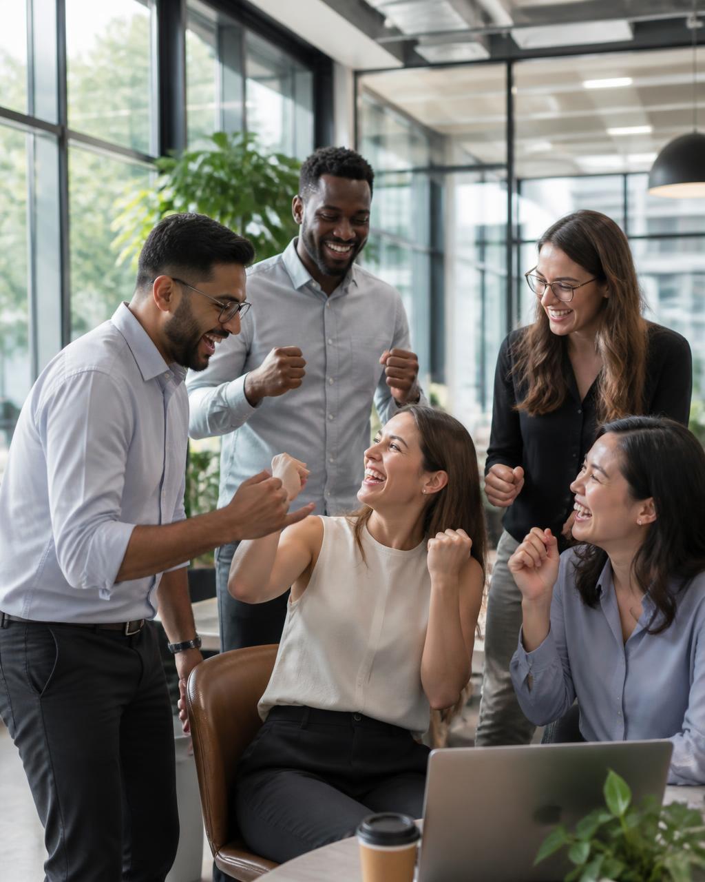 New team members celebrating a successful onboarding week in a modern office