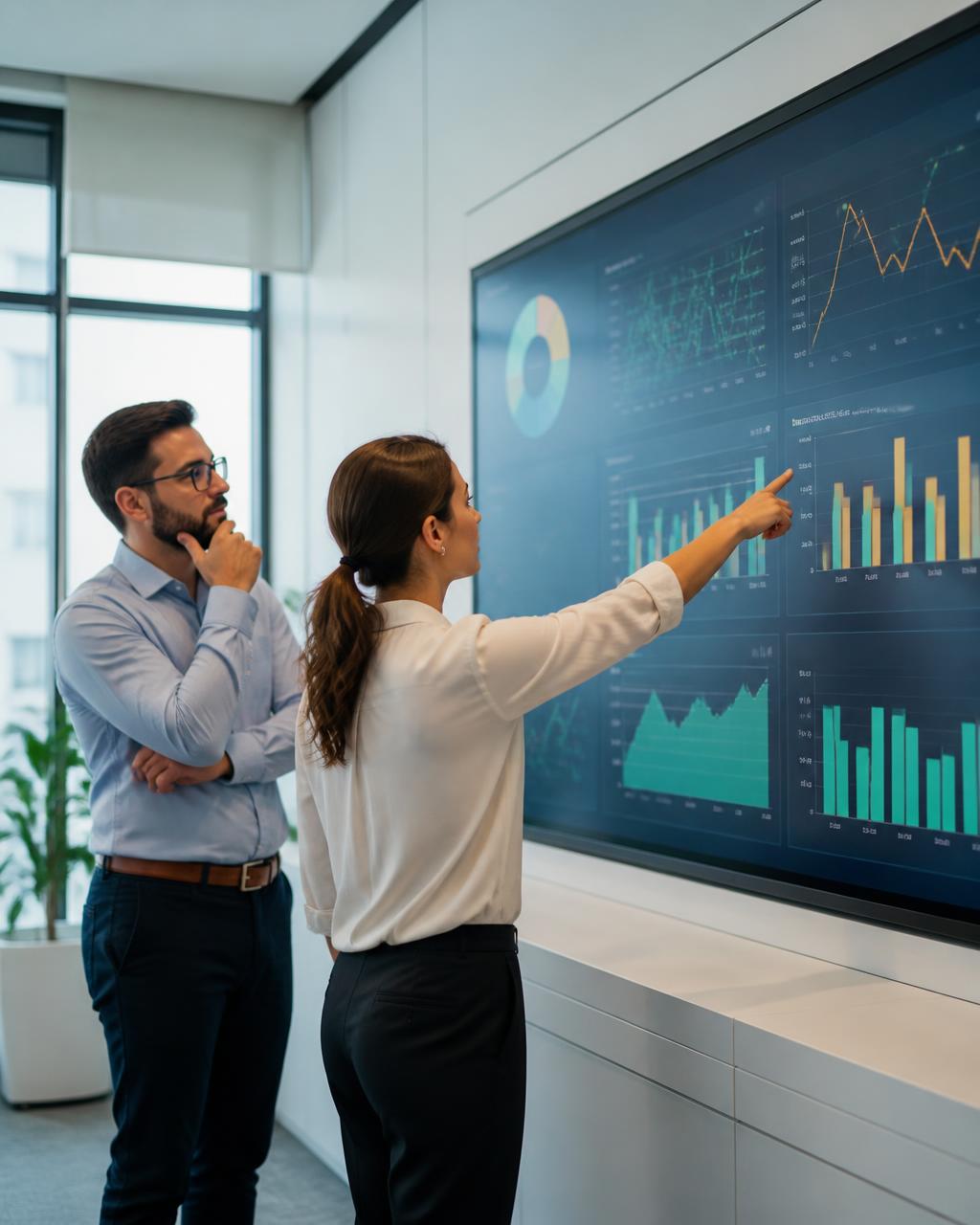 Analysts studying workforce planning dashboards on a large screen