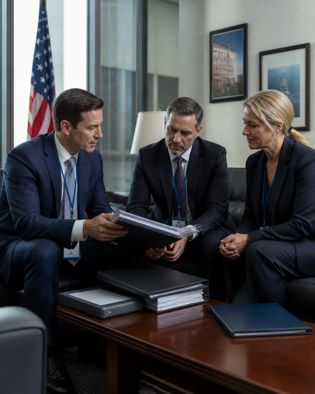 Consultant presenting compliance binders to government contractor executives