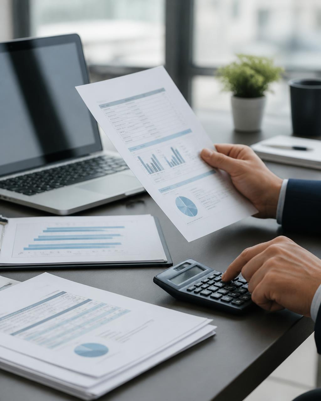 Hands reviewing payroll reports and benefits documents beside a laptop and calculator