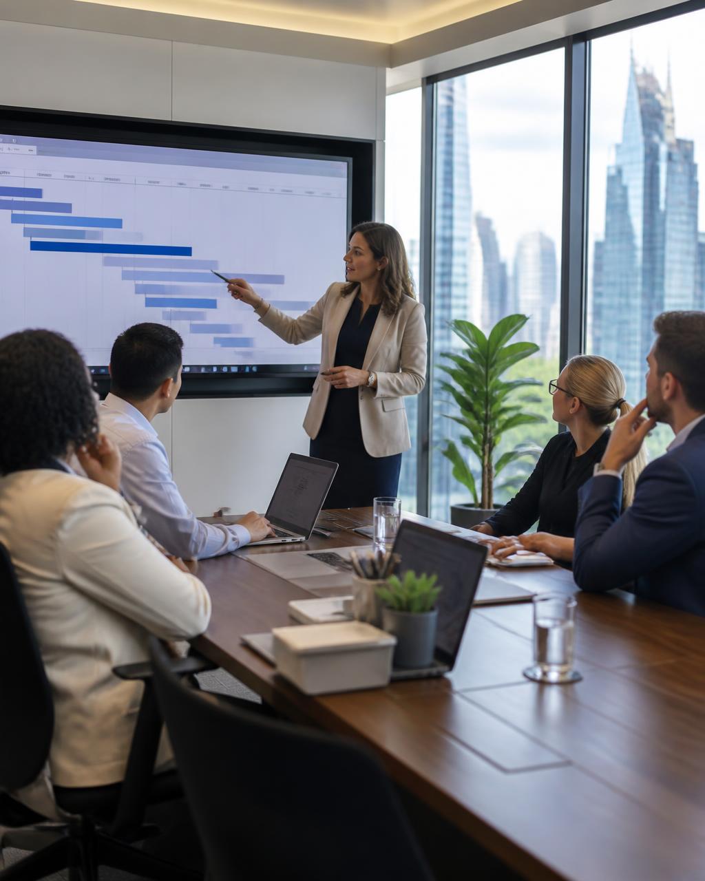 Program manager presenting a project roadmap to executives in a boardroom