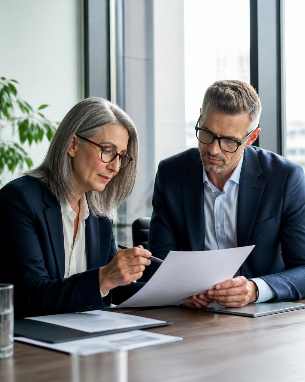 Consultant and client executive reviewing HR strategy documents at a conference table