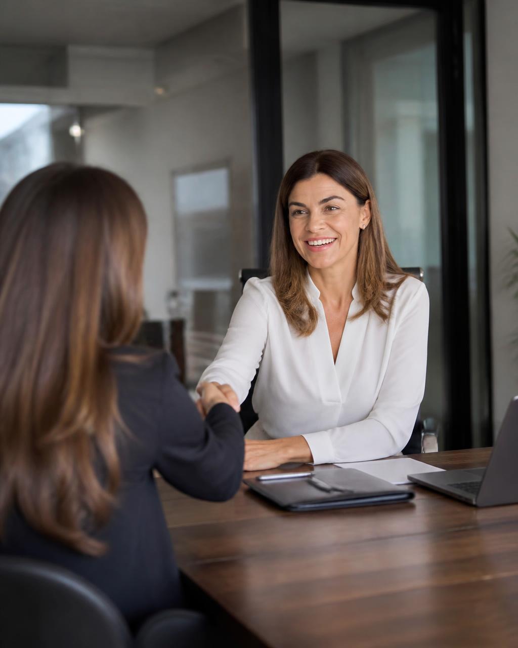 Hiring manager welcoming a candidate with a handshake in a modern office